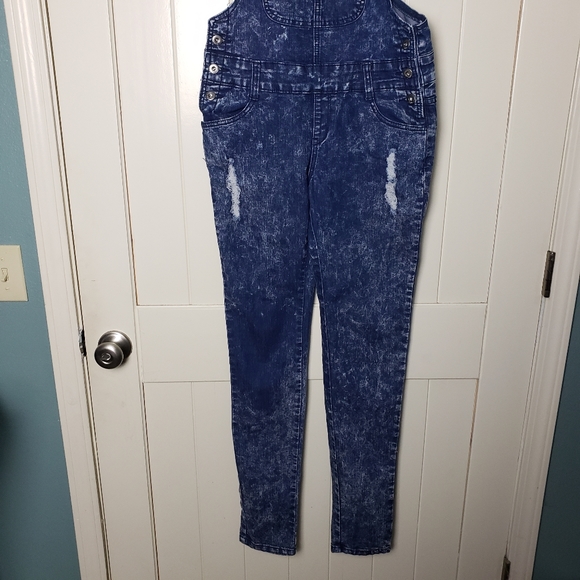 Chiqle Junior's Distressed Acid Wash Denim Overalls Large - Picture 5 of 13